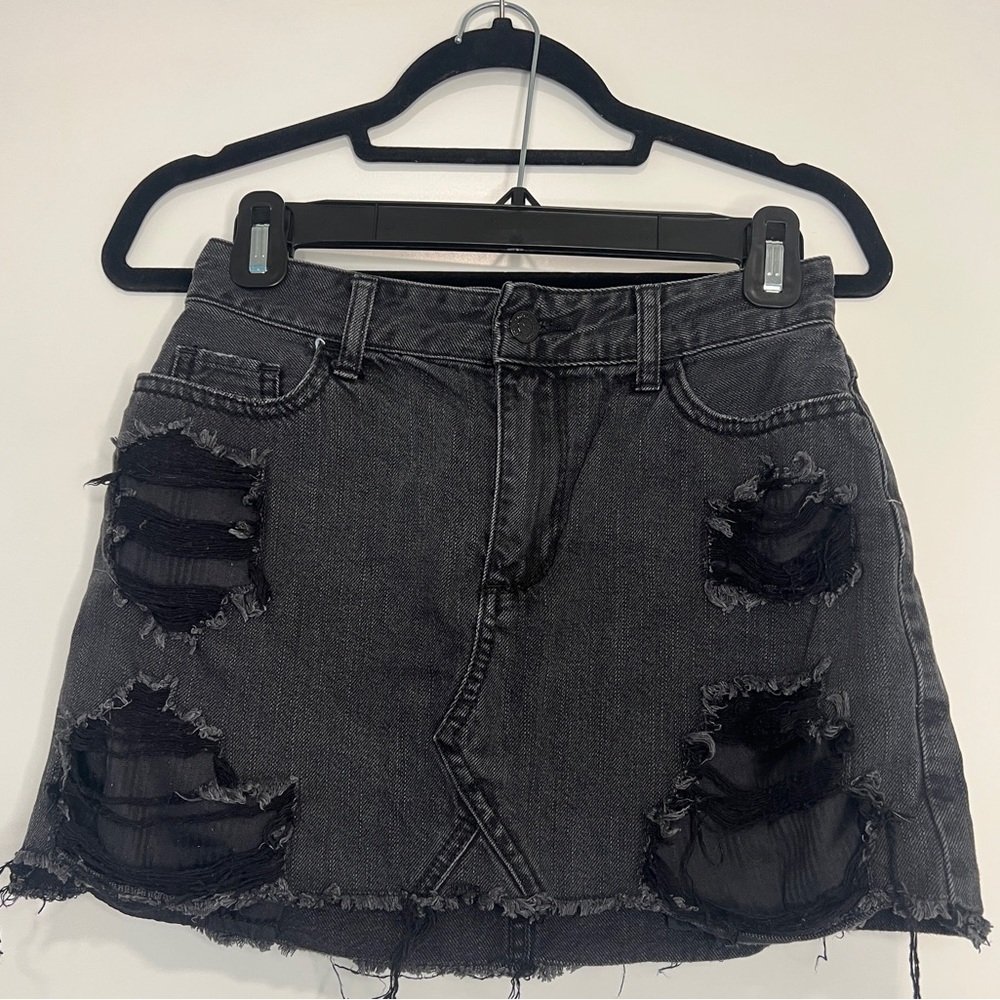 Distressed Black Denim Skirt